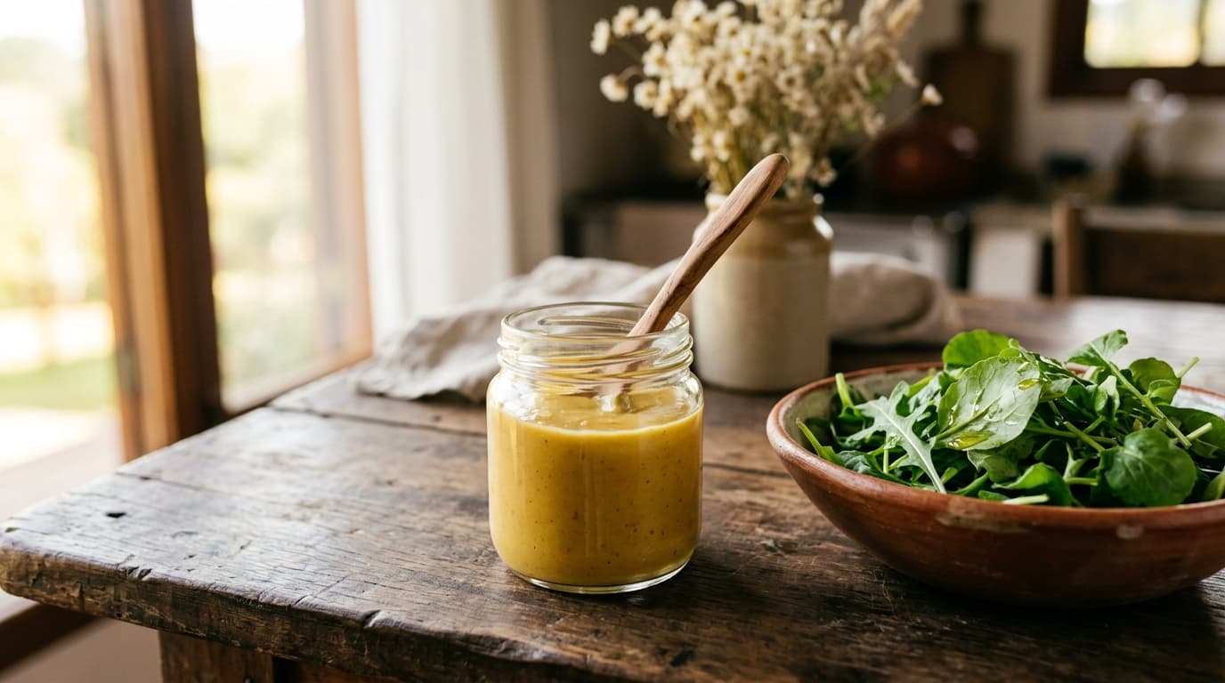 Pote de vidro com molho cremoso amarelo-dourado de mostarda e mel e uma colher de pau apoiada, sobre mesa de madeira envelhecida, ao lado de uma tigela de cerâmica com folhas verdes frescas e um vaso com flores secas claras ao fundo