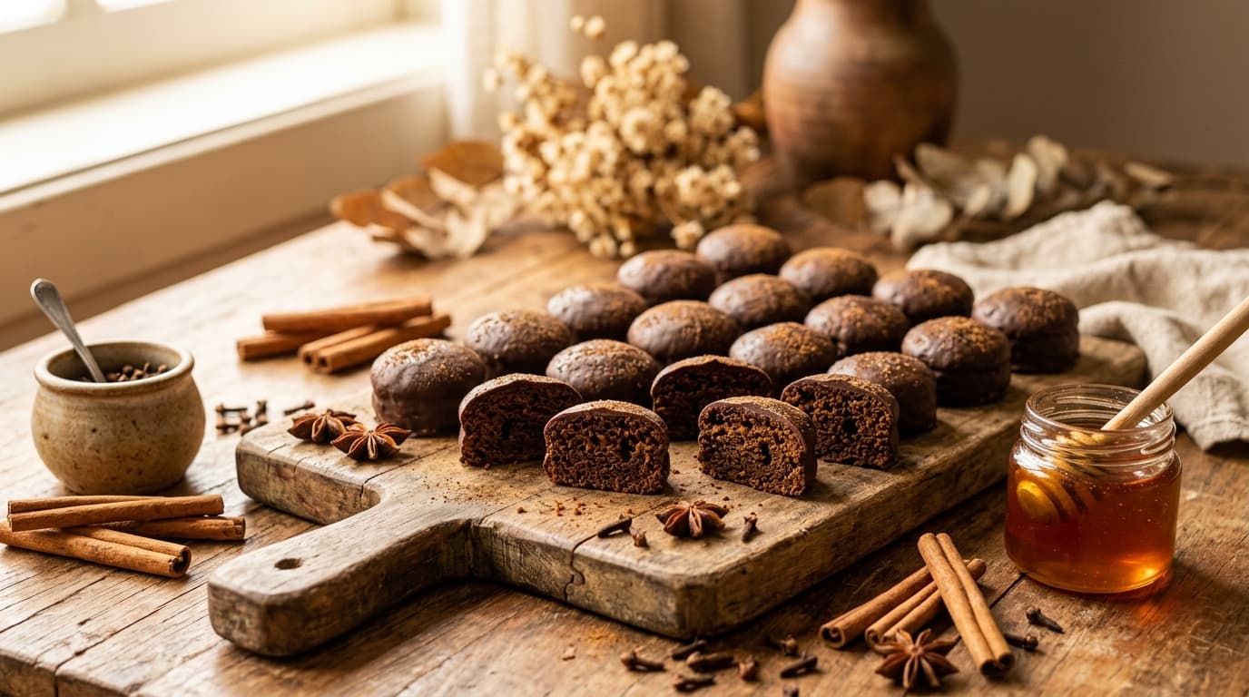 Unidades redondas de pão de mel de massa escura sobre tábua de madeira, algumas partidas ao meio mostrando o miolo macio, com paus de canela, cravos-da-índia e um pote de vidro com mel âmbar ao redor