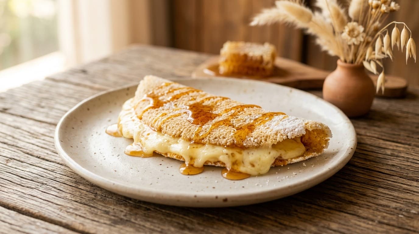 Tapioca dobrada ao meio num prato de cerâmica clara, com queijo derretido escorrendo pela abertura e um fio de mel âmbar desenhado sobre a superfície; ao fundo, um pedaço de favo de mel e flores secas